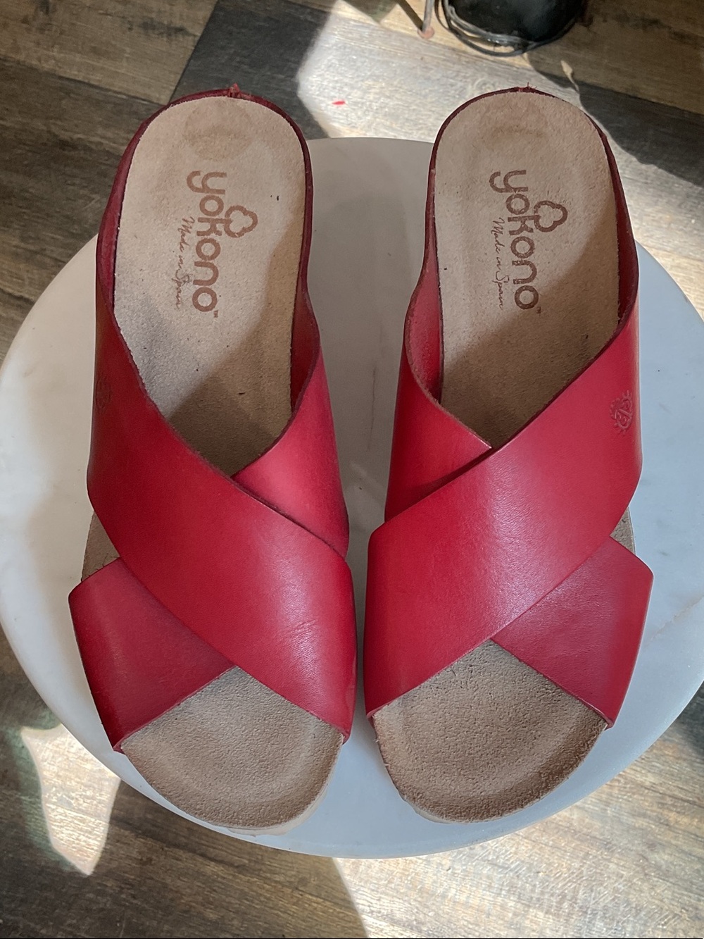 Yokono Red Crossband Slide Mules